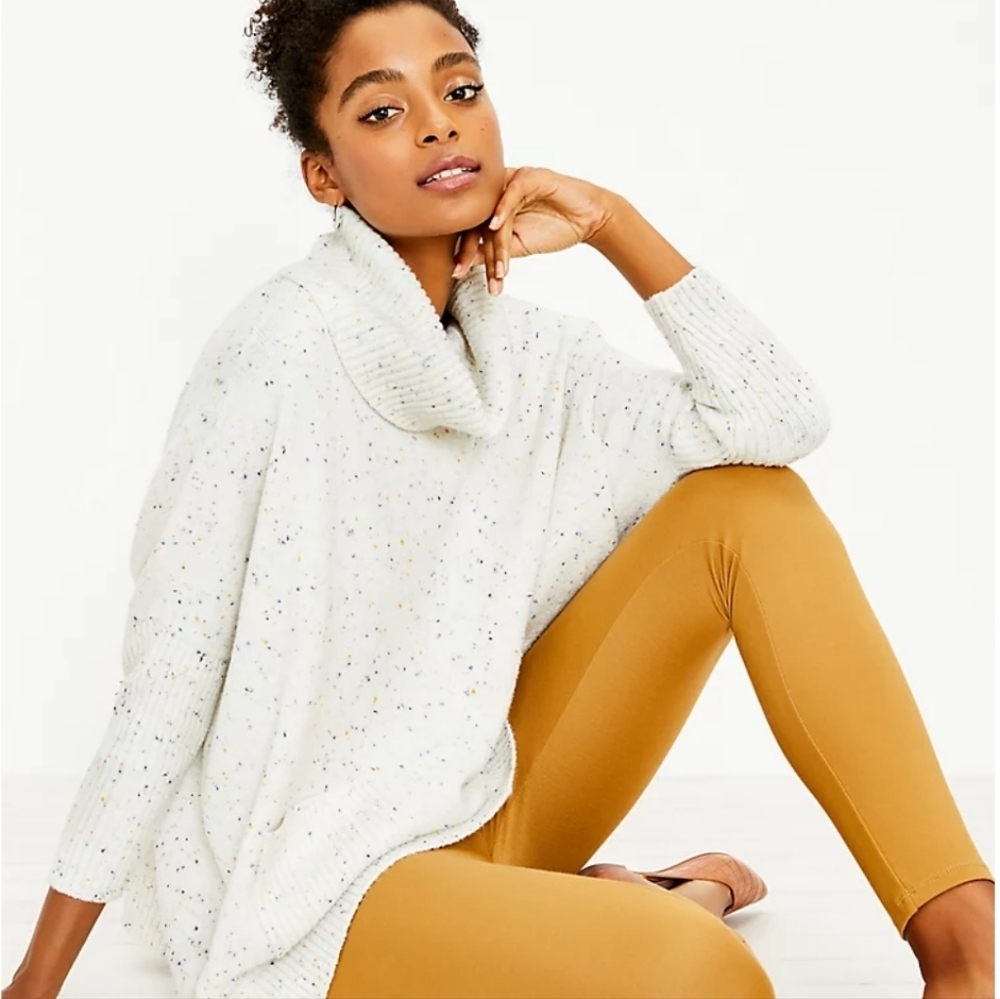 Loft Womens White Flecked Cowl Neck Knit Long Line Sweater Size Small